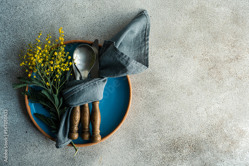 Table setting for Easter dinner with mimosa photo