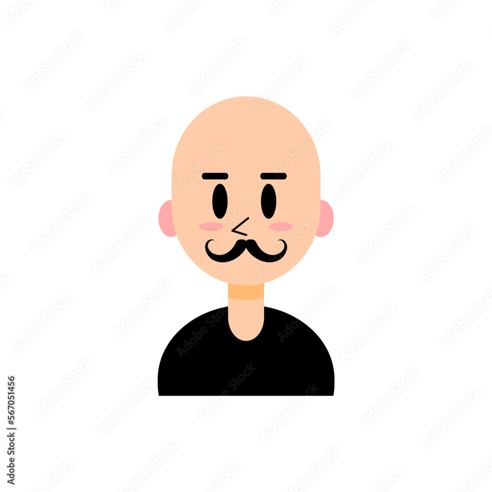 Portrait of smiling bald man with black mustache isolated on white background, black eyes and eyebrows and pink cheeks, single cartoon flat icon for apps and websites, vector illustration. Portrait of smiling bald man with black mustache isolated on white background, black eyes and eyebrows and pink cheeks, single cartoon flat icon for apps and websites, vector illustration.