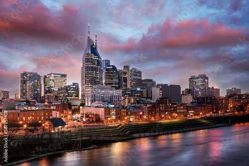 Sunset skyline view of Nashville Tennessee along the river