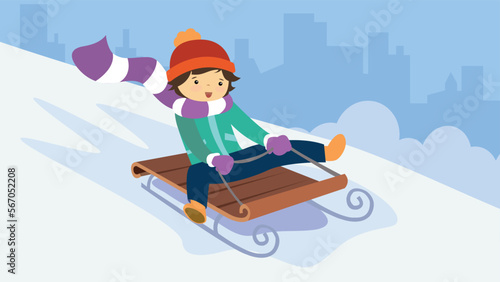 Little boy rides on a sled in the winter. Vector illustration.