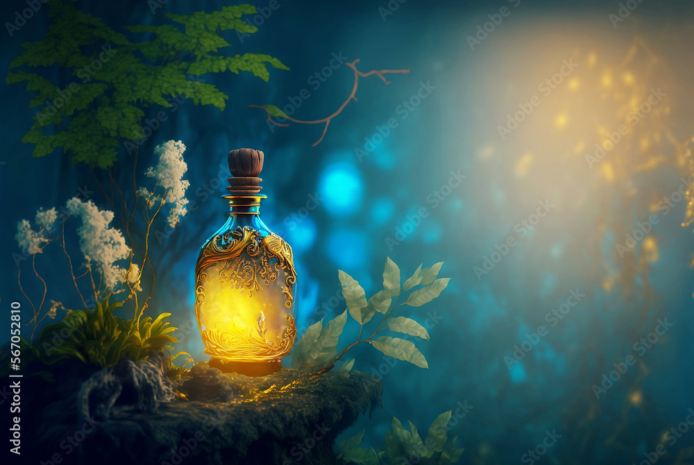 magic blue  potion in a beautiful decorated vial in magic forest - obrazy, fototapety, plakaty 