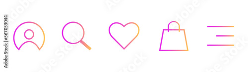 Web essentials. Gradient icons for e-commerce UI. Burger, favourites, user profile, shopping bag, search.