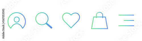 Web essentials. Gradient icons for e-commerce UI. Burger, favourites, user profile, shopping bag, search.