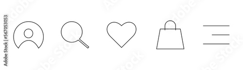 Web essentials. Icons for e-commerce UI. Burger, favourites, user profile, shopping bag, search.