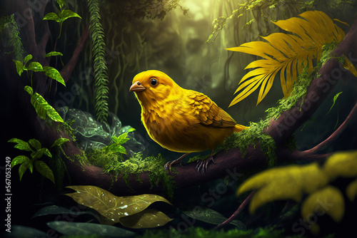 A canary is hiding behind the leaves in the old forest. Generative AI. Lovely canary wallpaper. photo