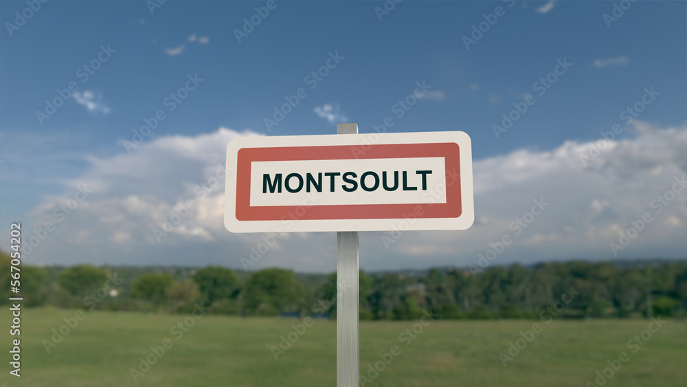 City sign of Montsoult. Entrance of the municipality of Montsoult 95560 Essone