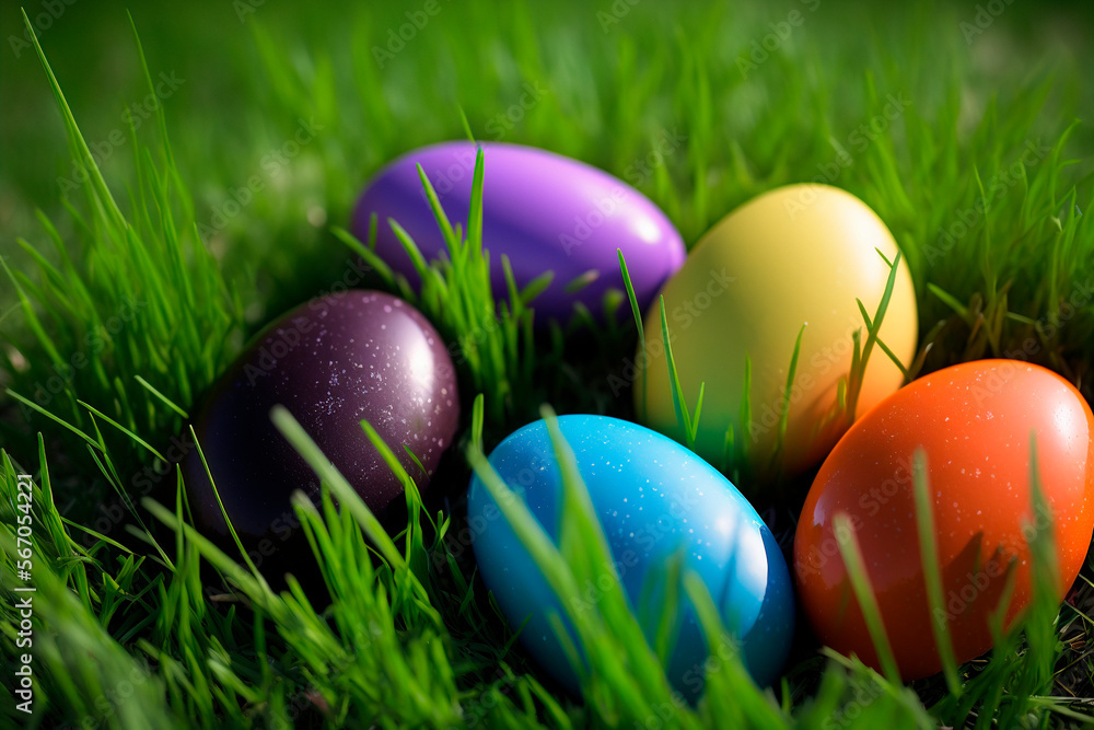 Traditional easter eggs multi color in grass. Generative ai illustration