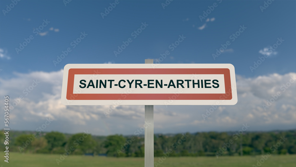 City sign of Saint-Cyr-en-Arthies. Entrance of the municipality of Saint Cyr en Arthies