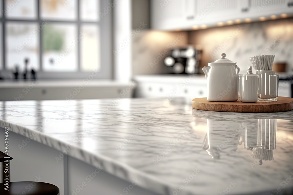 White kitchen background with marble table and soft blur effect. Natural lighting daytime photograph of a white kitchen. Generative AI White kitchen background with marble table and soft blur effect. Natural lighting daytime photograph of a white kitchen. Generative AI