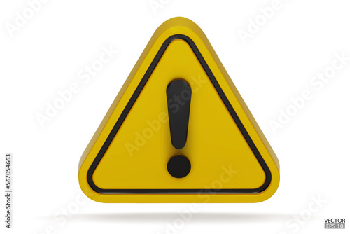 3d Realistic yellow triangle warning sign isolated on white background. Hazard warning attention sign with exclamation mark symbol. Danger, Alert, Dangerous attention icon. 3D Vector illustration.