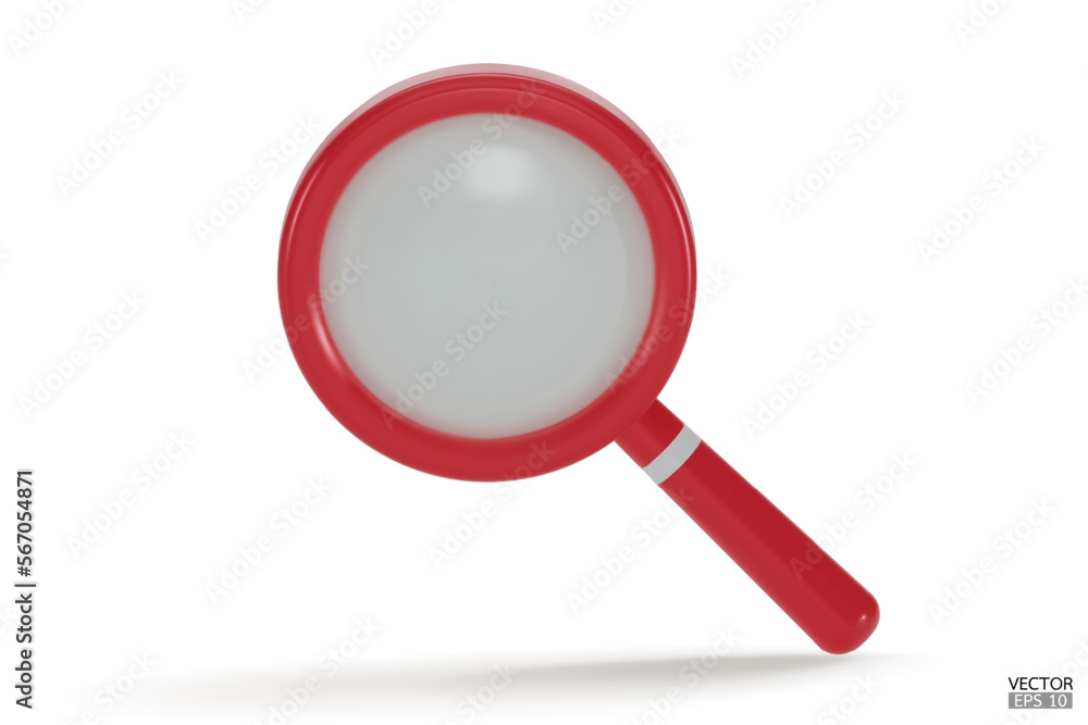 Realistic red Magnifying glass with shadow isolated on white background. Lupe 3d in a realistic style. Search vector icon. Discovery, research, search, analysis concept. 3D vector illustration. Realistic red Magnifying glass with shadow isolated on white background. Lupe 3d in a realistic style. Search vector icon. Discovery, research, search, analysis concept. 3D vector illustration.
