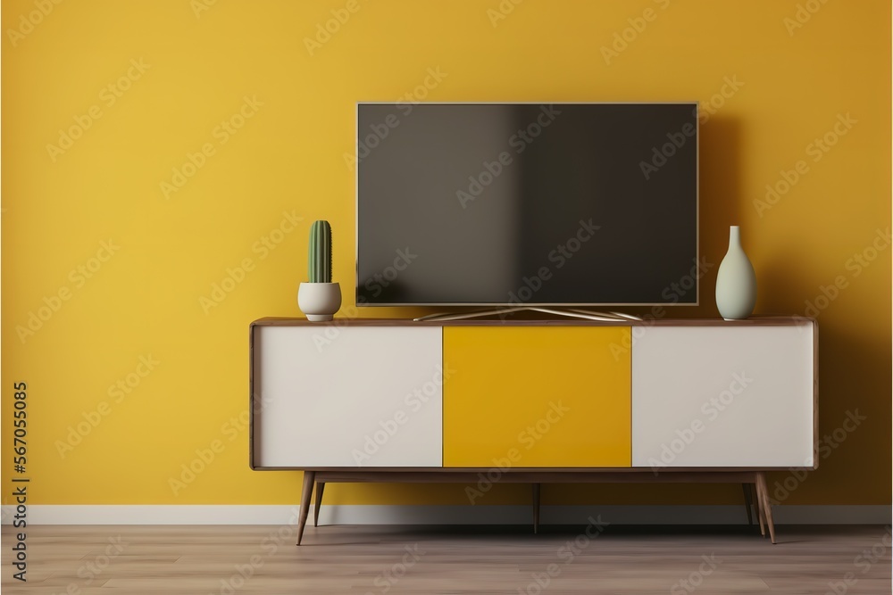 TV cabinet in modern living room with blank yellow wall background. Generative AI TV cabinet in modern living room with blank yellow wall background. Generative AI