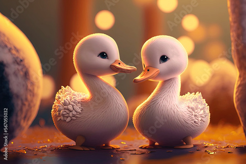 Baby ducks cartoon characters in love. Ai generative