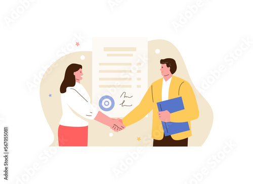 Business man and woman partners shake hands. Signing a contract, agreements, closing a deal, selling. Vector characters