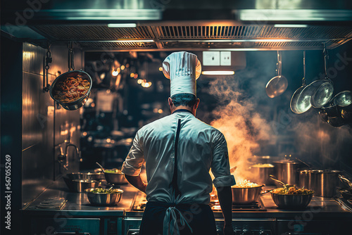Chef cooking in a busy restaurant kitchen, Generative AI photo