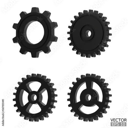 4 black Gear icon set. Black Transmission cogwheels and gears are isolated on white background. Black Machine gear, setting symbol, Repair, and optimize workflow concept. 3d vector illustration.