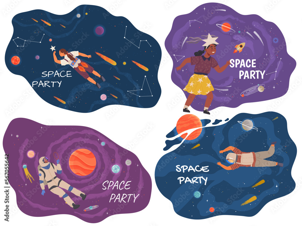Φωτογραφία Space party dreams vector cute of an astronaut, spaceship, rocket, alien, UFO, sky and people fly in outer space, cosmic area, card or poster