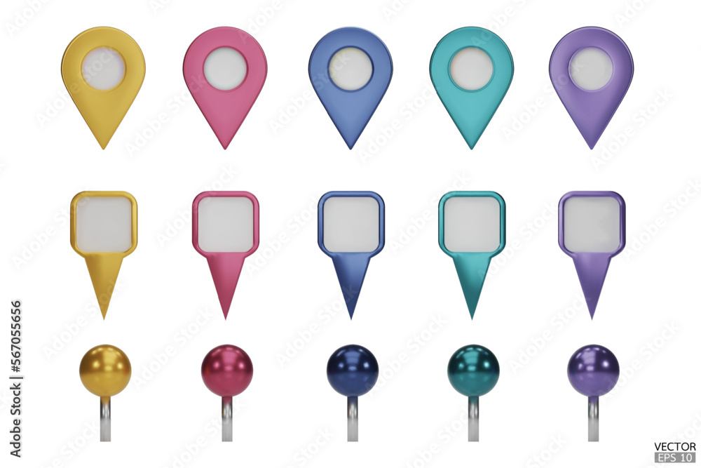 Set of map pointers in metallic colors isolated on white backgrounds. Location pin or navigation front view. 3D Locator mark of map pointer, symbol, and position. 3D vector illustration. Set of map pointers in metallic colors isolated on white backgrounds. Location pin or navigation front view. 3D Locator mark of map pointer, symbol, and position. 3D vector illustration.