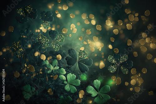 St. Patrick's Day backdrop. Beautiful background with shining clover leaves and golden bokeh. Generative AI