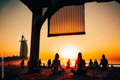 A sunrise yoga session on the beach in Dubai