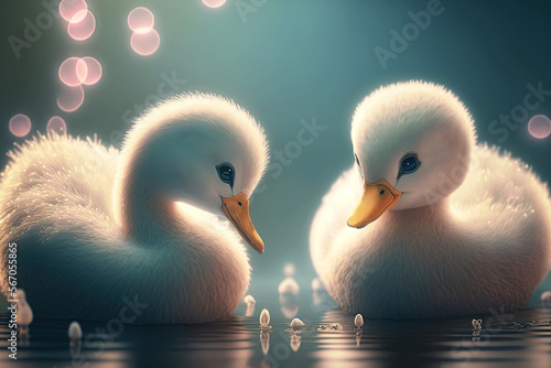 Baby ducks cartoon characters in love. Swimming at the lake at sunrise. Ai generative