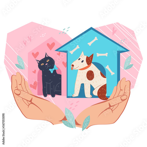 Homeless pets care and adoption, charity and volunteering work for animals, flat cartoon vector illustration isolated on white background. Veterinarian help and care.