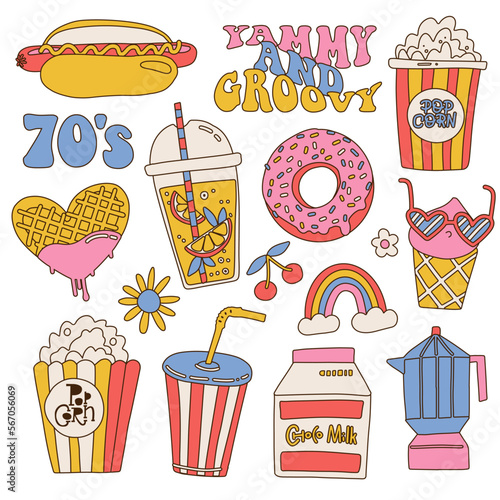 Groovy Hippie Retro junk food and drinks stickers set. Cute vintage icon logo Label in 70s, 80s, 90s style. Flat with linear contour vector illustration, vintage yummy design elements.