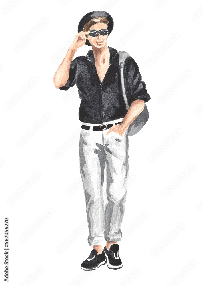 Young man, tourist in the city. Hand drawn watercolor illustration, isolated on white background Young man, tourist in the city. Hand drawn watercolor illustration, isolated on white background
