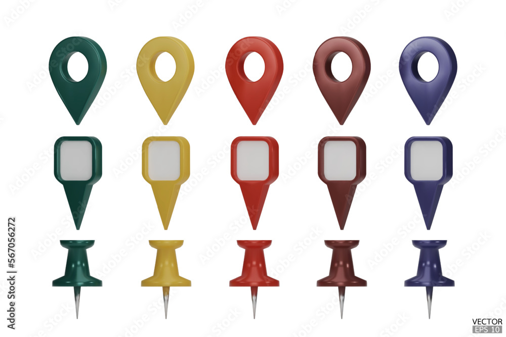Set of map pointers in various colors isolated on white backgrounds. Location pin or navigation front view. 3D Locator mark of map pointer, symbol, and position. 3D vector illustration. Set of map pointers in various colors isolated on white backgrounds. Location pin or navigation front view. 3D Locator mark of map pointer, symbol, and position. 3D vector illustration.
