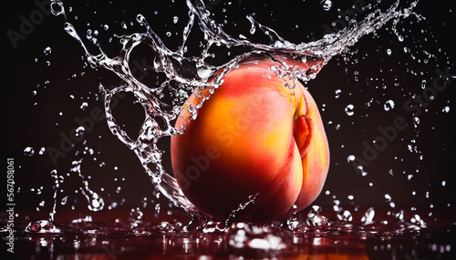 Captivating still-life of water-splashed peach captures the beauty of slow-motion photography. Generative AI