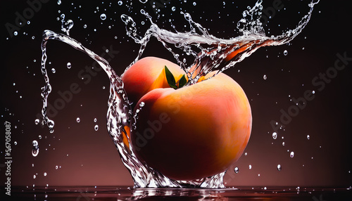 Captivating still-life of water-splashed peach captures the beauty of slow-motion photography. Generative AI
