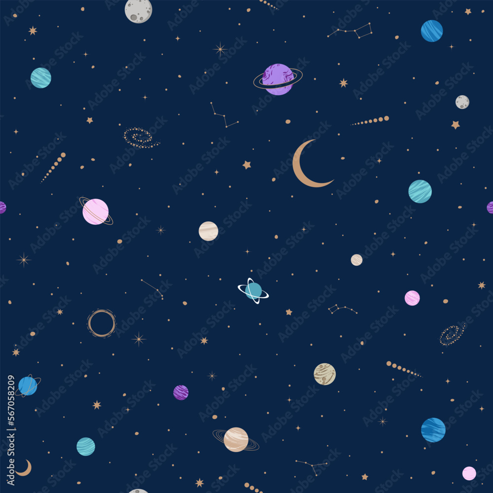 Hand drawn vector seamless pattern with Astrology and Space elements. Astrology, occultism and alchemy background for textiles, banner, wrapping paper and other designs.
