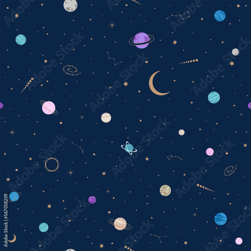 Hand drawn vector seamless pattern with Astrology and Space elements. Astrology, occultism and alchemy background for textiles, banner, wrapping paper and other designs. © anastasiastoma