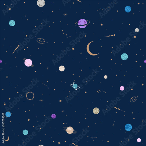 Hand drawn vector seamless pattern with Astrology and Space elements. Astrology  occultism and alchemy background for textiles  banner  wrapping paper and other designs.