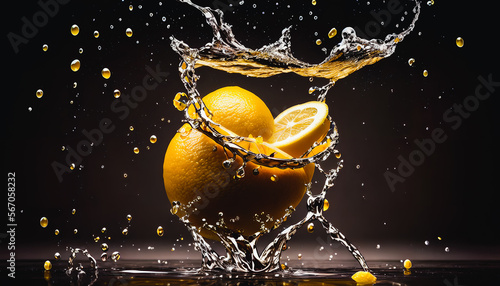 Captivating still-life of water-splashed lemon captures the beauty of slow-motion photography. Generative AI