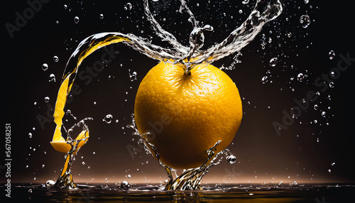 Captivating still-life of water-splashed lemon captures the beauty of slow-motion photography. Generative AI