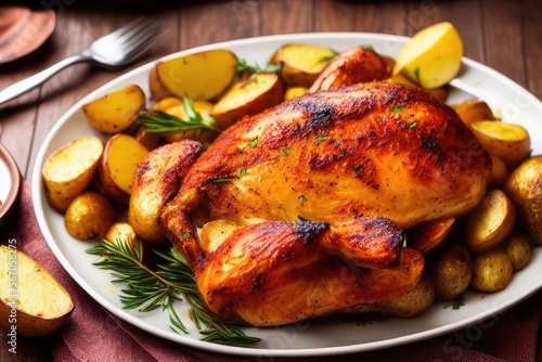 High-Resolution Image of a Mouth-Watering Roasted Chicken with Potatoes, Perfect for Adding a Delicious Element to any Design Project