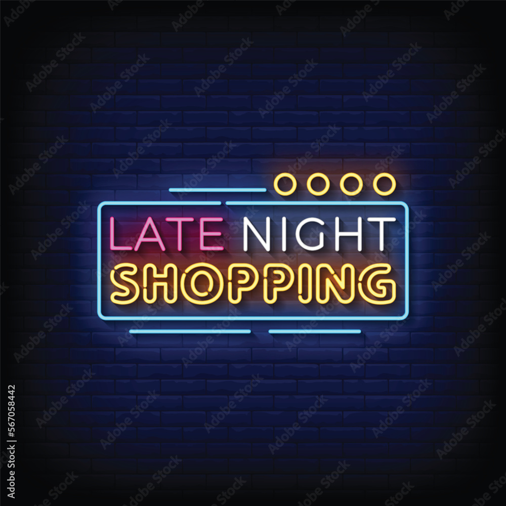 Neon Sign late night shopping with brick wall background vector