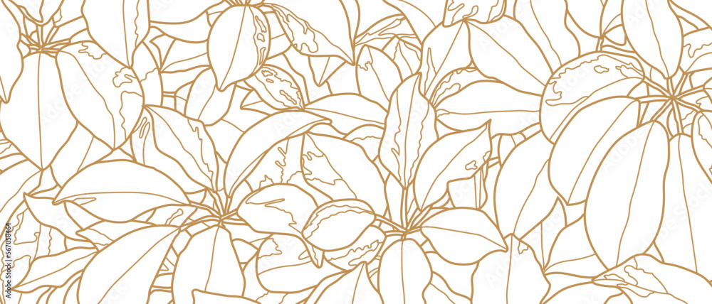 Fototapeta premium Luxury line art nature background vector design. Gold and white color pattern design for wallpaper, fabric and packaging.