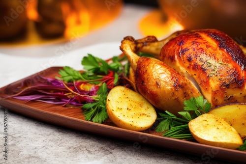 High-Resolution Image of a Mouth-Watering Roasted Chicken with Potatoes, Perfect for Adding a Delicious Element to any Design Project