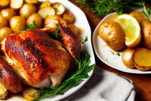 High-Resolution Image of a Mouth-Watering Roasted Chicken with Potatoes, Perfect for Adding a Delicious Element to any Design Project