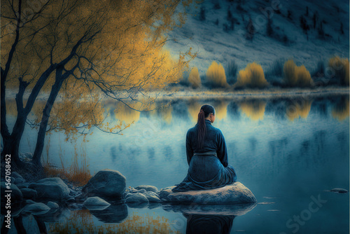 Woman meditation near the lake  with calm mind and serenity. Inner peaceful woman doing meditating. Generative AI