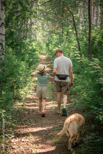 a daughter with a dad and a Labrador dog walk along a forest path in the summer © iloli
