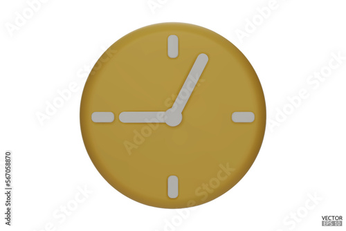 Pastel yellow watch isolated on white background. 3D Round clock icon. Cartoon minimal style.Time-keeping, measurement of time, and time management. Clock icon logo, app UI. 3D Vector illustration.