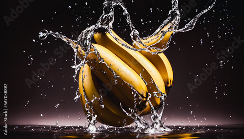 Captivating still-life of water-splashed banana captures the beauty of slow-motion photography. Generative AI