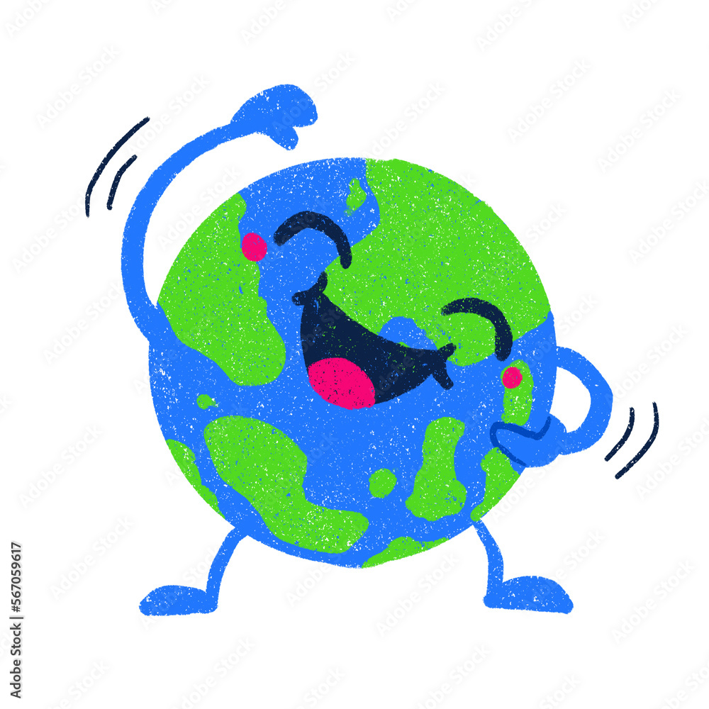 Fototapeta premium Cartoon cute smiling face earth doing exercise workout for sustainability character illustration