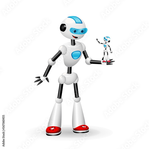 Big robot holding tiny robot self similar. Vector illustration isolated on white background
