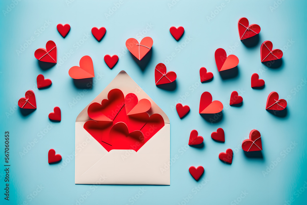 Many of Red Heart Pop-up from White Envelope, Valentines Card Concept, Top View on Blue Blackground Many of Red Heart Pop-up from White Envelope, Valentines Card Concept, Top View on Blue Blackground