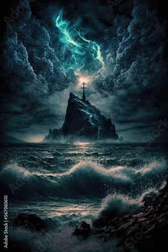 Lighthouse on the rocky island at night with storm approaching. Generative ai. © FantasyEmporium
