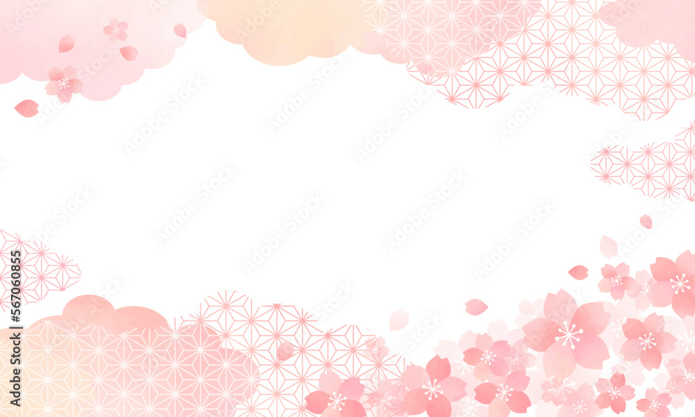春　桜　ピンク　和柄　雲　水彩風　背景